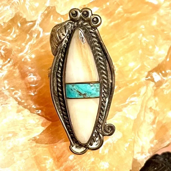 Sterling Hallmarked Turquoise & Bone Ring